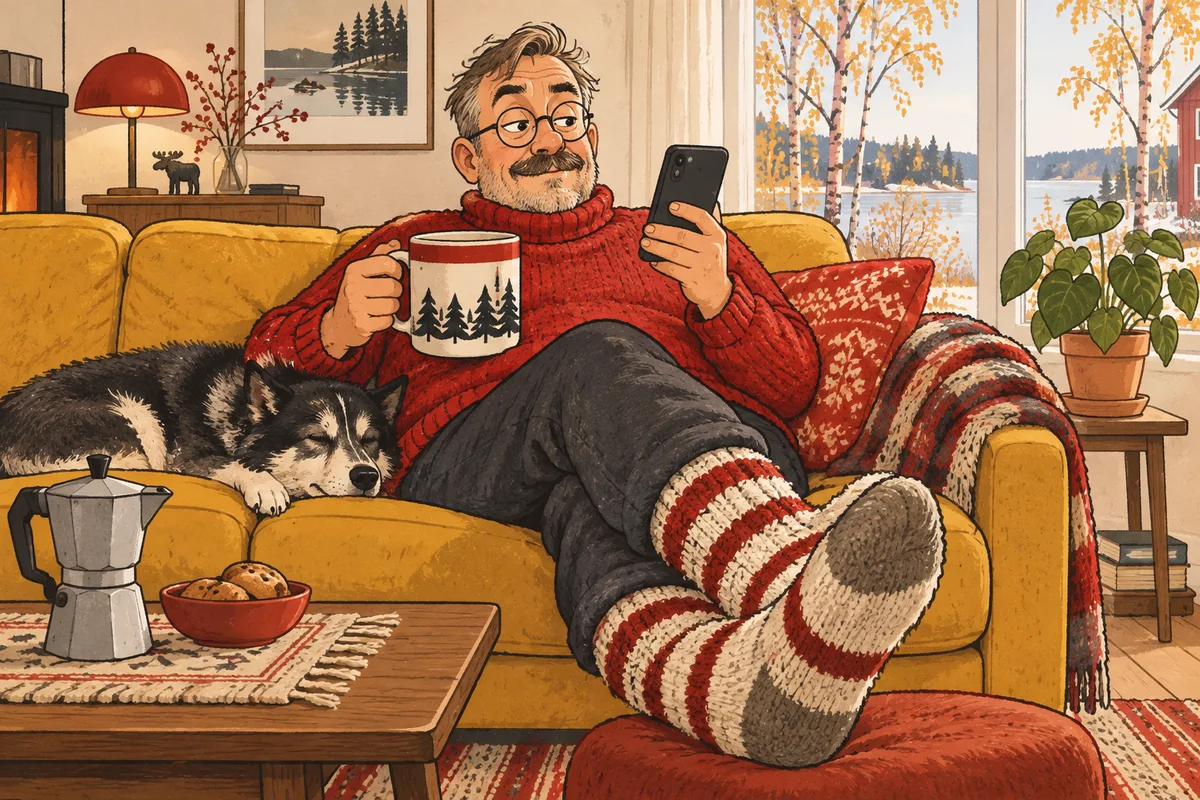 Villasukkainen mies selaa puhelintaan sohvalla suuri kahvimuki kädessään.