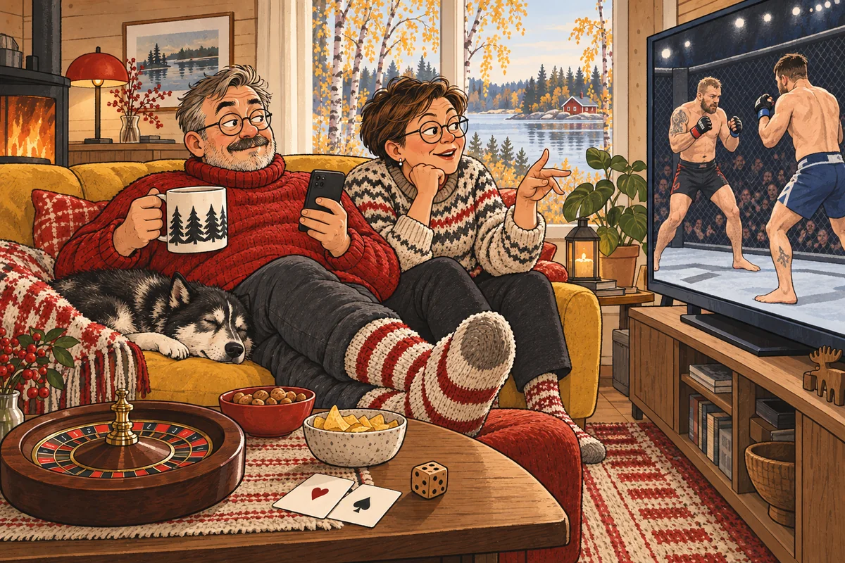 Villasukkiin pukeutunut pariskunta seuraa vapaaottelua televisiosta. Pöydällä on kahvia, kortit ja pieni rulettipyörä.